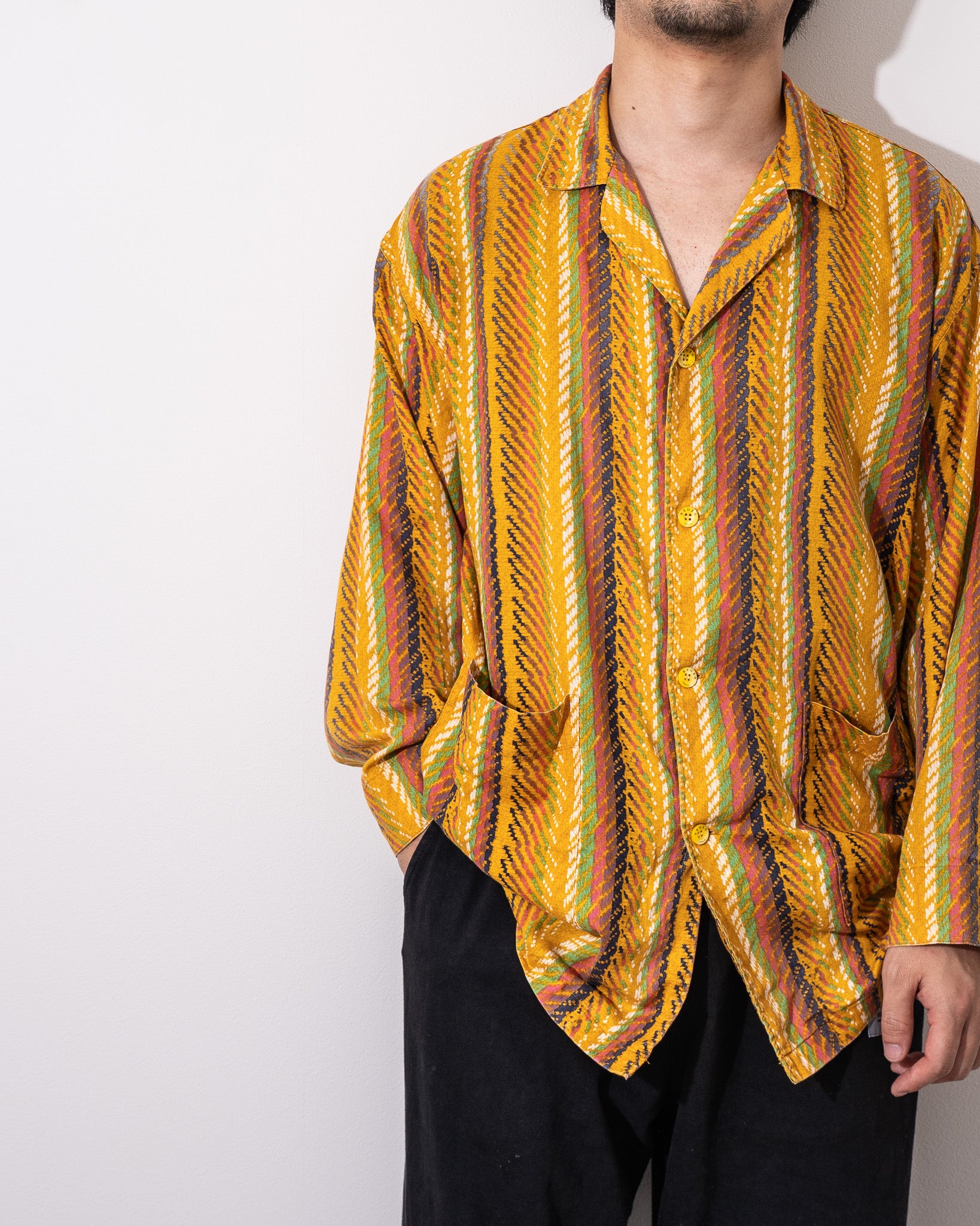 "KENZO" 80~90's ETHNIC PRINT OPEN COLLAR SHIRT